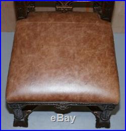 Pair Of Restored Victorian French Brown Leather Hand Carved Armchairs Gothic