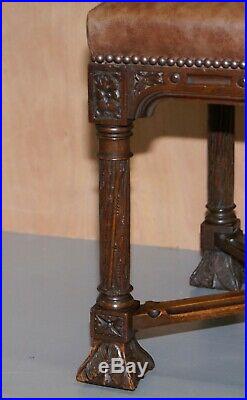 Pair Of Restored Victorian French Brown Leather Hand Carved Armchairs Gothic