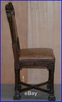 Pair Of Restored Victorian French Brown Leather Hand Carved Armchairs Gothic