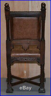 Pair Of Restored Victorian French Brown Leather Hand Carved Armchairs Gothic