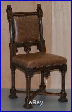 Pair Of Restored Victorian French Brown Leather Hand Carved Armchairs Gothic