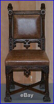 Pair Of Restored Victorian French Brown Leather Hand Carved Armchairs Gothic