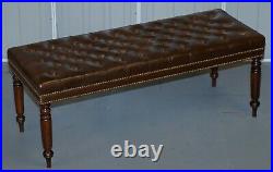Pair Of Restored Vintage Chesterfield Brown Leather Hand Dyed Stool Benches