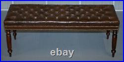 Pair Of Restored Vintage Chesterfield Brown Leather Hand Dyed Stool Benches
