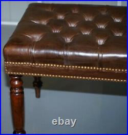 Pair Of Restored Vintage Chesterfield Brown Leather Hand Dyed Stool Benches