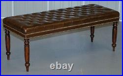 Pair Of Restored Vintage Chesterfield Brown Leather Hand Dyed Stool Benches