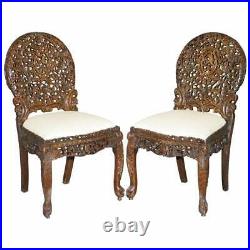 Pair Of Rosewood Hand Carved Anglo Indian Burmese Chairs With Floral Detailing