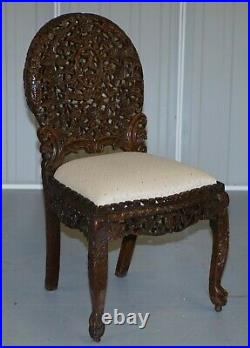 Pair Of Rosewood Hand Carved Anglo Indian Burmese Chairs With Floral Detailing