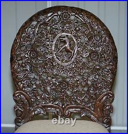 Pair Of Rosewood Hand Carved Anglo Indian Burmese Chairs With Floral Detailing