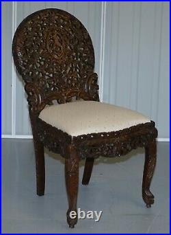 Pair Of Rosewood Hand Carved Anglo Indian Burmese Chairs With Floral Detailing