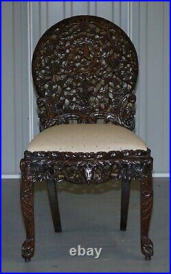 Pair Of Rosewood Hand Carved Anglo Indian Burmese Chairs With Floral Detailing