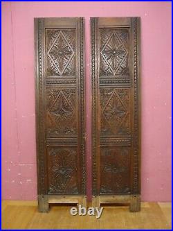 Pair Original Antique Victorian Hand Carved Oak Wooden Cabinet Triple Panels