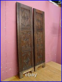 Pair Original Antique Victorian Hand Carved Oak Wooden Cabinet Triple Panels