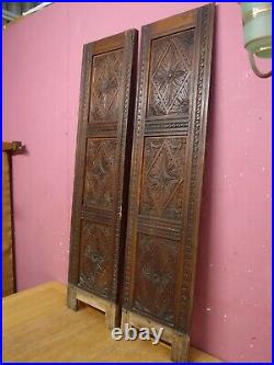 Pair Original Antique Victorian Hand Carved Oak Wooden Cabinet Triple Panels