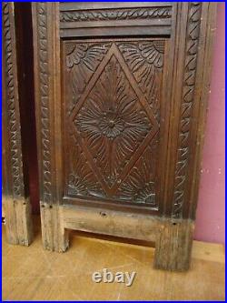 Pair Original Antique Victorian Hand Carved Oak Wooden Cabinet Triple Panels