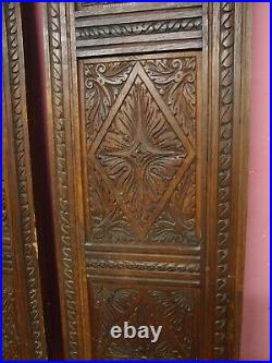 Pair Original Antique Victorian Hand Carved Oak Wooden Cabinet Triple Panels