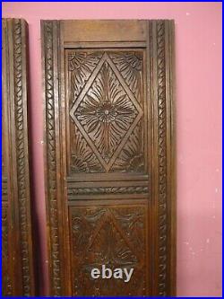 Pair Original Antique Victorian Hand Carved Oak Wooden Cabinet Triple Panels