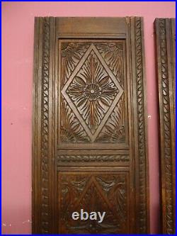 Pair Original Antique Victorian Hand Carved Oak Wooden Cabinet Triple Panels