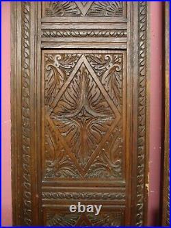 Pair Original Antique Victorian Hand Carved Oak Wooden Cabinet Triple Panels