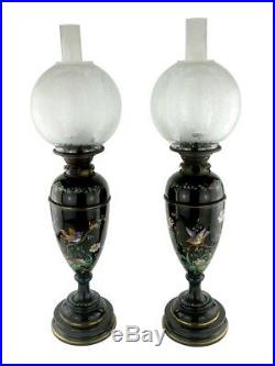 Pair of Hinks Duplex Oil Lamps Magnificently Hand Painted Black Ceramic Base