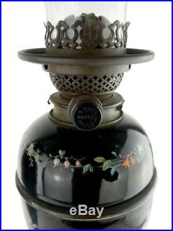 Pair of Hinks Duplex Oil Lamps Magnificently Hand Painted Black Ceramic Base