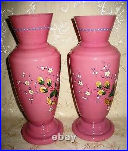 Pair of Matching Antique Victorian Bristol Glass Vases with Hand Painted Enamels