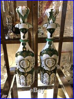 Pair of Moser Green Glass Decanters 19th Century Czech Bohemian Hand Painted