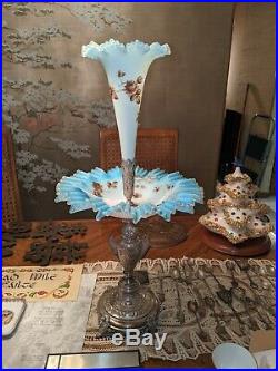 Pair of antique victorian epergne with hand painted with bird and Branch