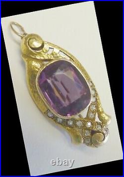 Pendant 14K Gold Victorian Amethyst Pin hand-cut Diamonds