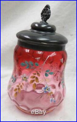 Perfect Victorian era red thumbprint glass pickle caster insert & lid hand paint