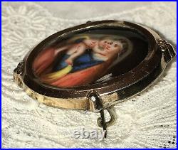 Portrait Brooch Hand Paint Silver Gold Porcelain Madonna Jesus Cameo Locket Pin