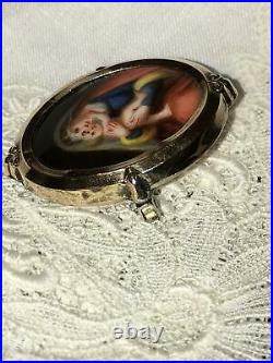 Portrait Brooch Hand Paint Silver Gold Porcelain Madonna Jesus Cameo Locket Pin