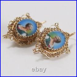 Portrait Earrings Hand Painted 14k Antique Victorian Era Aesthetic Dangle Drop