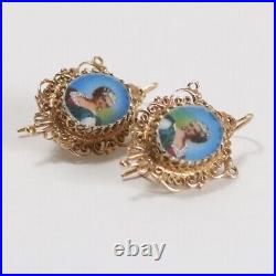 Portrait Earrings Hand Painted 14k Antique Victorian Era Aesthetic Dangle Drop