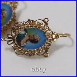 Portrait Earrings Hand Painted 14k Antique Victorian Era Aesthetic Dangle Drop