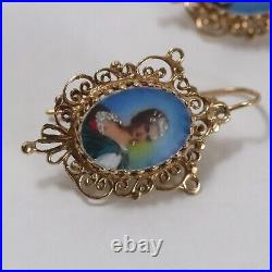 Portrait Earrings Hand Painted 14k Antique Victorian Era Aesthetic Dangle Drop