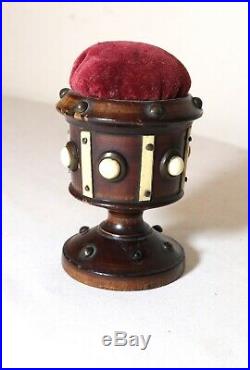 Quality antique 19th century Victorian hand carved wooden sewing pin cushion