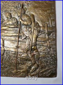 Quality antique hand tooled Victorian ornate figural bronze relief wall plaque