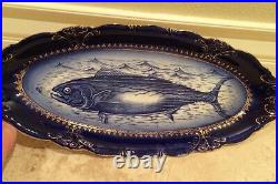 RARE ANTIQUE VICTORIAN PORCELIAN 21 Fish Platter Blue White Gold Hand Painted