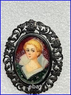 RARE Antique 800 Silver Hand-Painted Portrait Brooch/Pendant Of Victorian Woman
