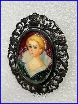 RARE Antique 800 Silver Hand-Painted Portrait Brooch/Pendant Of Victorian Woman