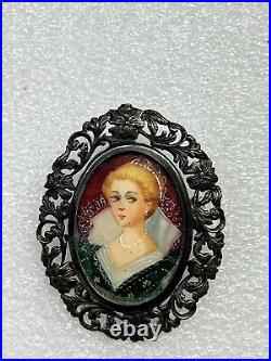 RARE Antique 800 Silver Hand-Painted Portrait Brooch/Pendant Of Victorian Woman