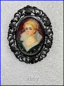 RARE Antique 800 Silver Hand-Painted Portrait Brooch/Pendant Of Victorian Woman