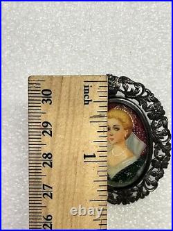 RARE Antique 800 Silver Hand-Painted Portrait Brooch/Pendant Of Victorian Woman
