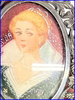 RARE Antique 800 Silver Hand-Painted Portrait Brooch/Pendant Of Victorian Woman