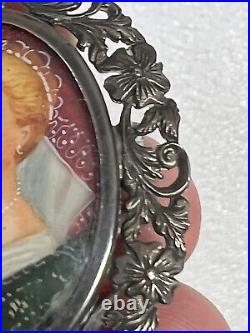 RARE Antique 800 Silver Hand-Painted Portrait Brooch/Pendant Of Victorian Woman