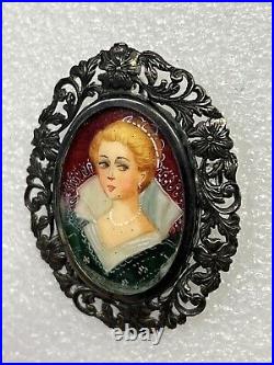 RARE Antique 800 Silver Hand-Painted Portrait Brooch/Pendant Of Victorian Woman