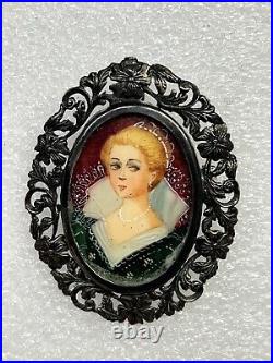 RARE Antique 800 Silver Hand-Painted Portrait Brooch/Pendant Of Victorian Woman