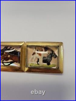 RARE Antique Horses & Fox Terrier Dogs Reverse Glass Hand Painted Brooch Pin