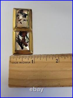 RARE Antique Horses & Fox Terrier Dogs Reverse Glass Hand Painted Brooch Pin